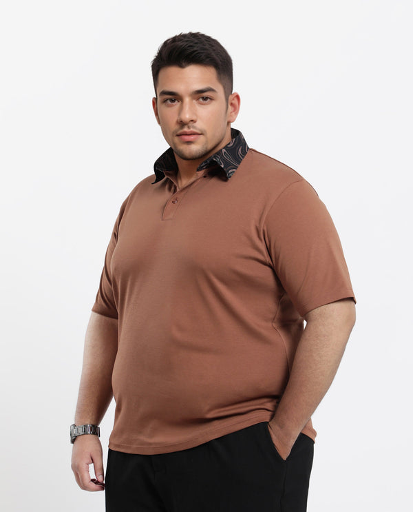 Rare Rabbit Men's Rings Dusky Brown Cotton Fabric Short Sleeves Collared Neck Solid Polo T-shirt Plus Size