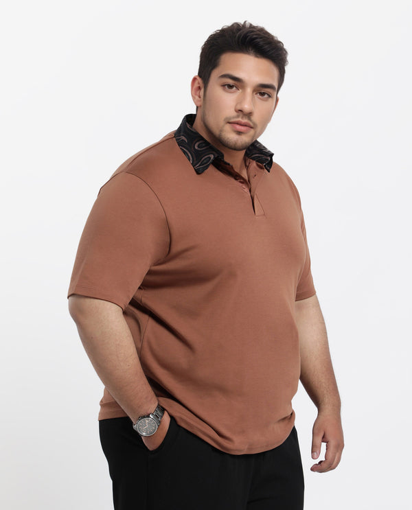 Rare Rabbit Men's Rings Dusky Brown Cotton Fabric Short Sleeves Collared Neck Solid Polo T-shirt Plus Size