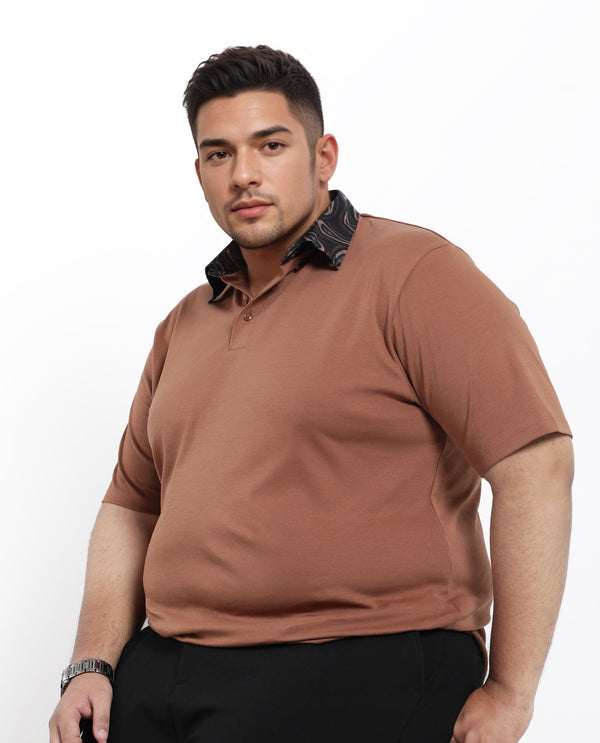 Rare Rabbit Men's Rings Dusky Brown Cotton Fabric Short Sleeves Collared Neck Solid Polo T-shirt Plus Size