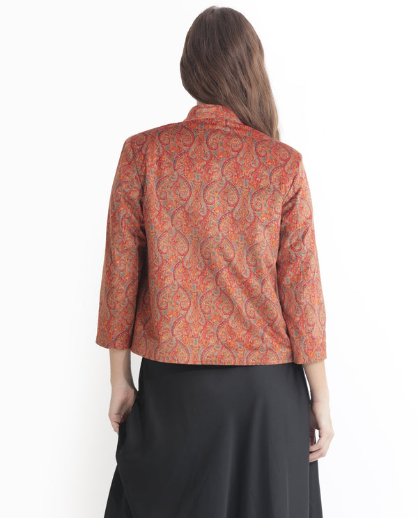 Rareism Women Rinok Gold Velvet 3/4Th Sleeves Print Collarless Shrug