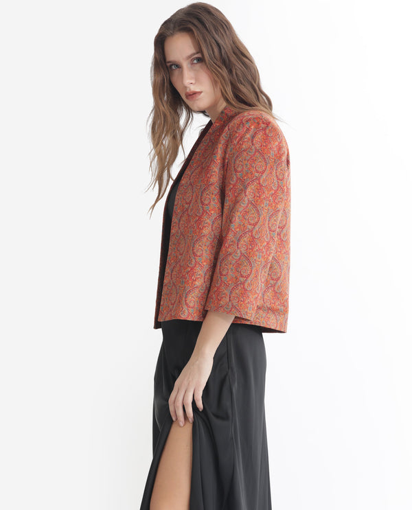 Rareism Women Rinok Gold Velvet 3/4Th Sleeves Print Collarless Shrug