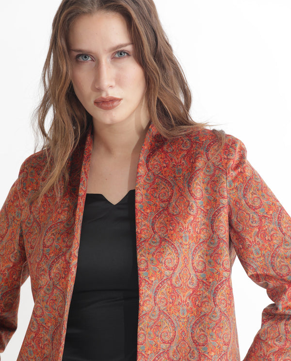 Rareism Women Rinok Gold Velvet 3/4Th Sleeves Print Collarless Shrug