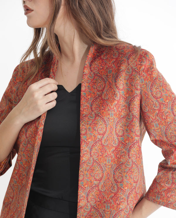 Rareism Women Rinok Gold Velvet 3/4Th Sleeves Print Collarless Shrug