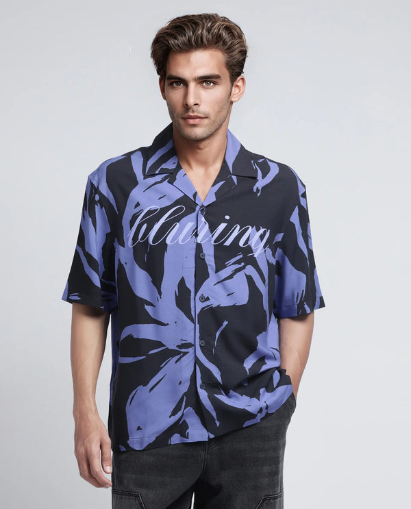 Rare Rabbit Men Rinz Black Viscose Fabric Half Sleeve Cuban Collar Button Closure Oversized Fit Abstract Print Shirt