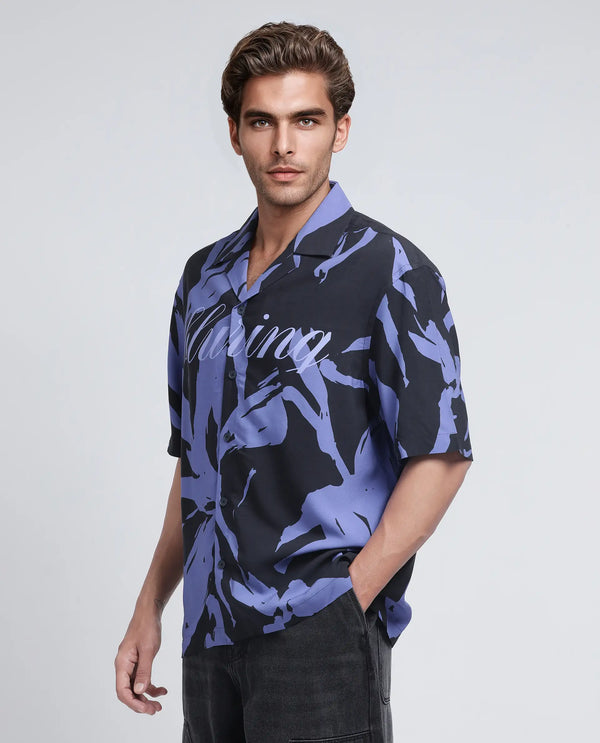 Rare Rabbit Men Rinz Black Viscose Fabric Half Sleeve Cuban Collar Button Closure Oversized Fit Abstract Print Shirt