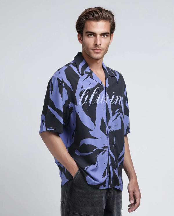 Rare Rabbit Men Rinz Black Viscose Fabric Half Sleeve Cuban Collar Button Closure Oversized Fit Abstract Print Shirt