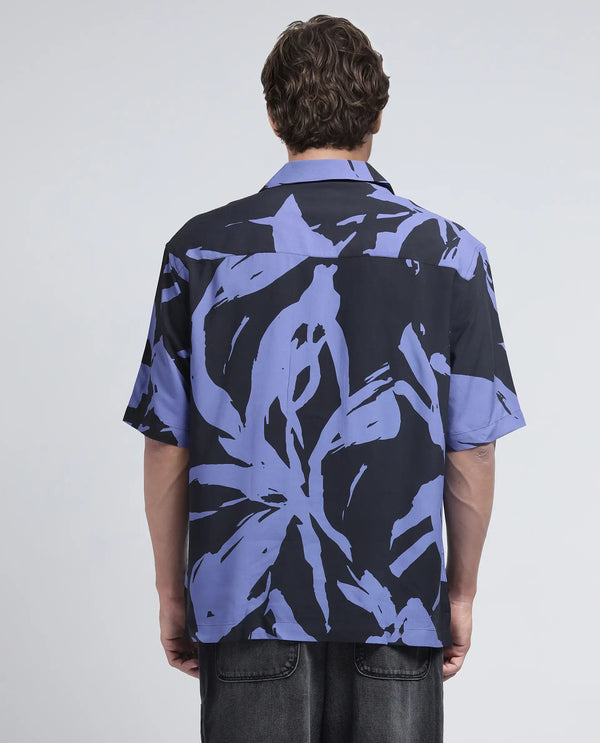 Rare Rabbit Men Rinz Black Viscose Fabric Half Sleeve Cuban Collar Button Closure Oversized Fit Abstract Print Shirt