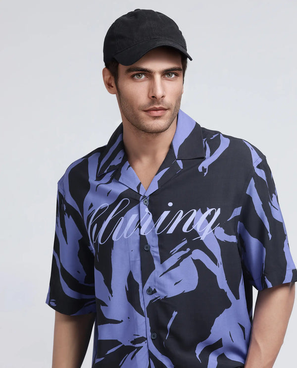 Rare Rabbit Men Rinz Black Viscose Fabric Half Sleeve Cuban Collar Button Closure Oversized Fit Abstract Print Shirt