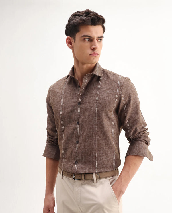 Rare Rabbit Men's Riog Brown Poly Blend Fabric Full Sleeve Collared Neck Striped Shirt