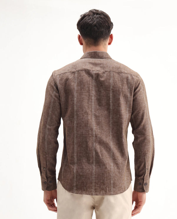 Rare Rabbit Men's Riog Brown Poly Blend Fabric Full Sleeve Collared Neck Striped Shirt