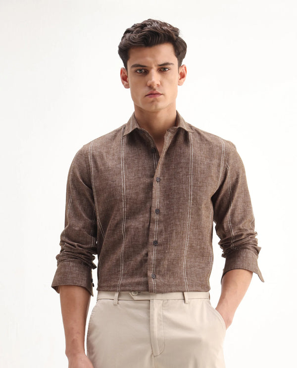 Rare Rabbit Men's Riog Brown Poly Blend Fabric Full Sleeve Collared Neck Striped Shirt