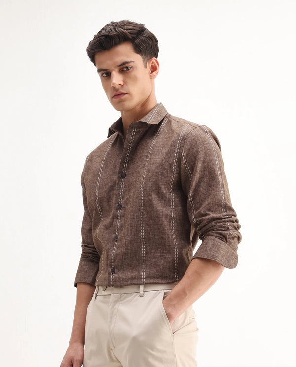 Rare Rabbit Men's Riog Brown Poly Blend Fabric Full Sleeve Collared Neck Striped Shirt