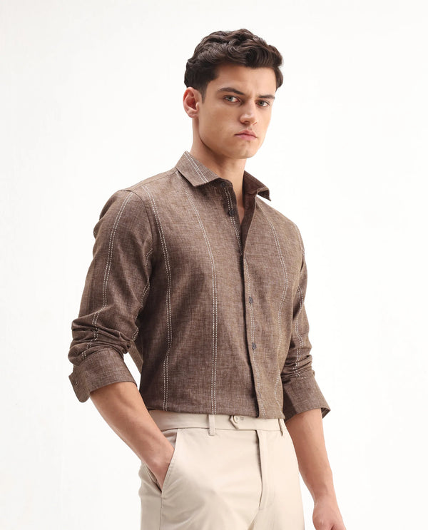 Rare Rabbit Men's Riog Brown Poly Blend Fabric Full Sleeve Collared Neck Striped Shirt