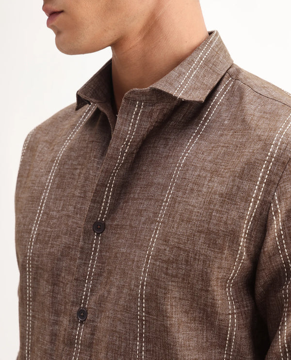 Rare Rabbit Men's Riog Brown Poly Blend Fabric Full Sleeve Collared Neck Striped Shirt