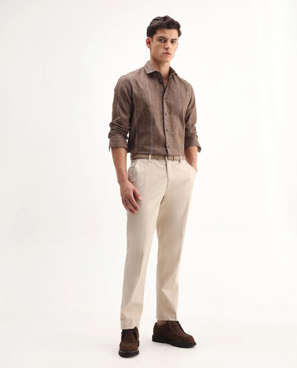 Rare Rabbit Men's Riog Brown Poly Blend Fabric Full Sleeve Collared Neck Striped Shirt