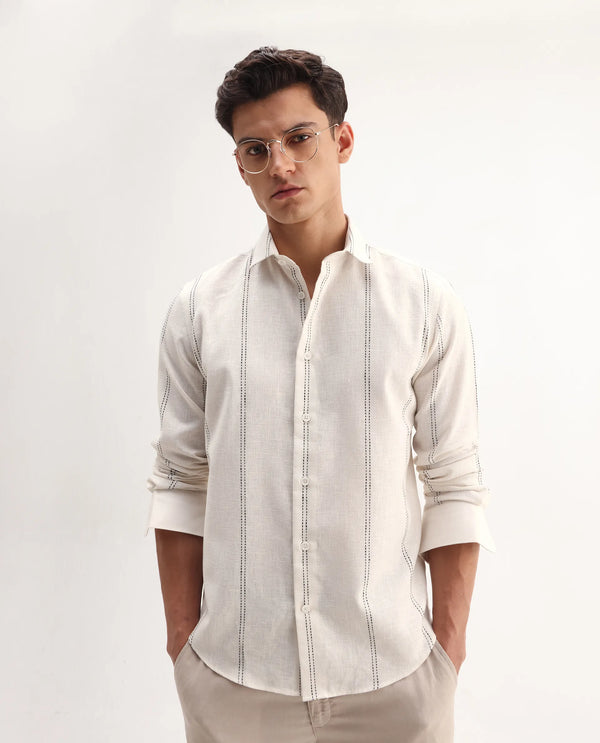 Rare Rabbit Men's Riog White Poly Blend Fabric Full Sleeve Collared Neck Striped Shirt
