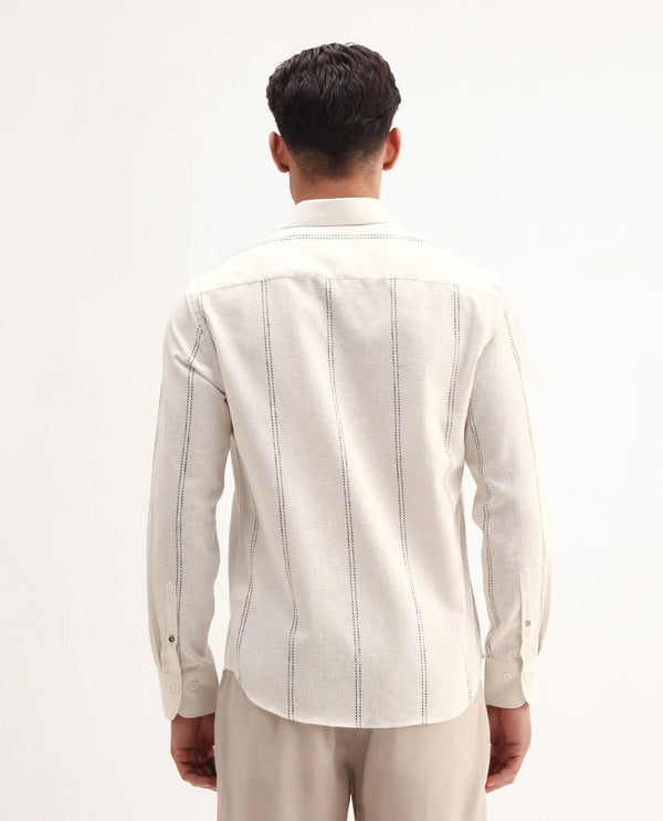 Rare Rabbit Men's Riog White Poly Blend Fabric Full Sleeve Collared Neck Striped Shirt
