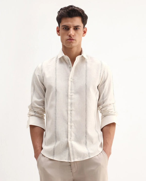 Rare Rabbit Men's Riog White Poly Blend Fabric Full Sleeve Collared Neck Striped Shirt