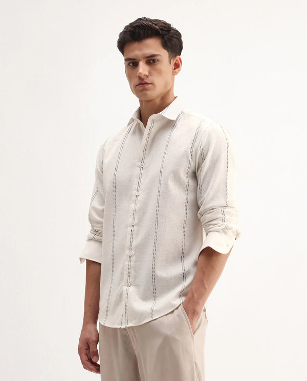 Rare Rabbit Men's Riog White Poly Blend Fabric Full Sleeve Collared Neck Striped Shirt