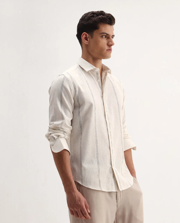 Rare Rabbit Men's Riog White Poly Blend Fabric Full Sleeve Collared Neck Striped Shirt
