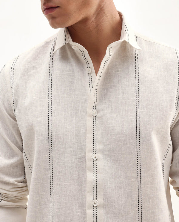 Rare Rabbit Men's Riog White Poly Blend Fabric Full Sleeve Collared Neck Striped Shirt