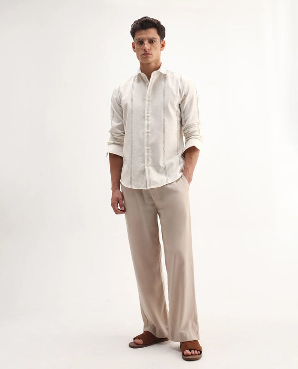 Rare Rabbit Men's Riog White Poly Blend Fabric Full Sleeve Collared Neck Striped Shirt