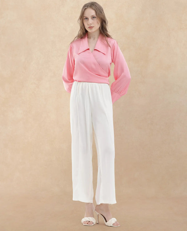 Rareism Women Riola Pastel Pink Polyester Fabric Full Sleeves Tie-Up Closure Johnny Collar Cuffed Sleeve Regular Fit Plain Cropped Top