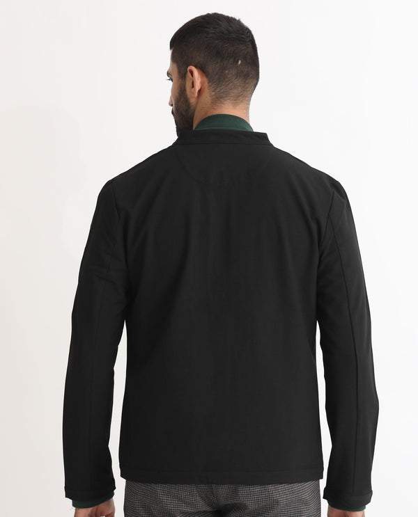 Rare Rabbit Mens Rion Black Jacket Polyester Viscose Fabric Mandarin Collar Knitted Full Sleeves Zipper Closure Regular Fit