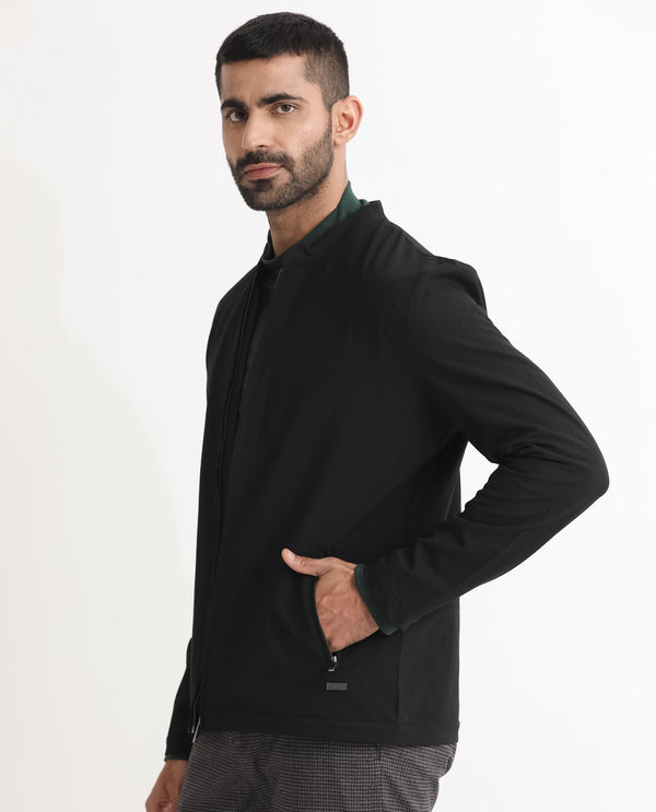 Rare Rabbit Mens Rion Black Jacket Polyester Viscose Fabric Mandarin Collar Knitted Full Sleeves Zipper Closure Regular Fit