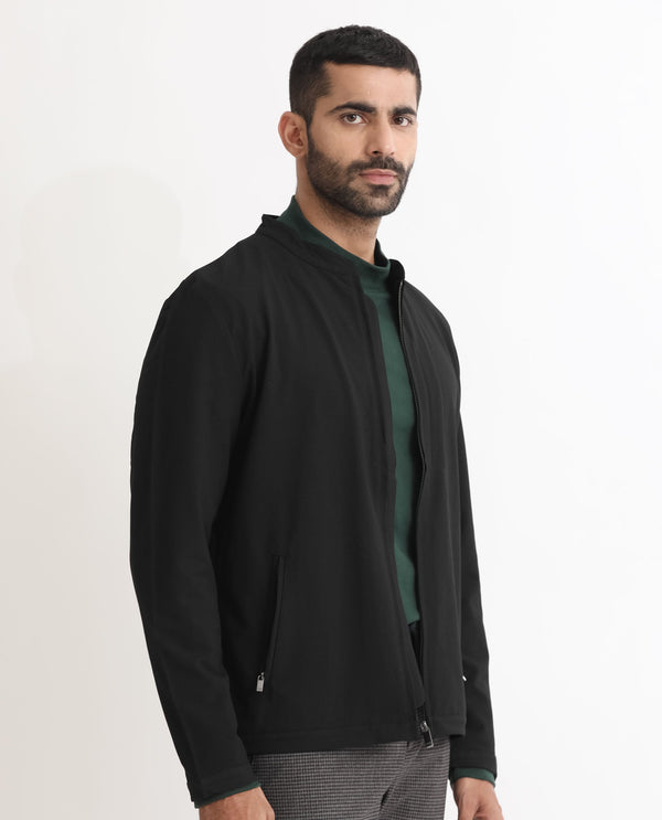 Rare Rabbit Mens Rion Black Jacket Polyester Viscose Fabric Mandarin Collar Knitted Full Sleeves Zipper Closure Regular Fit