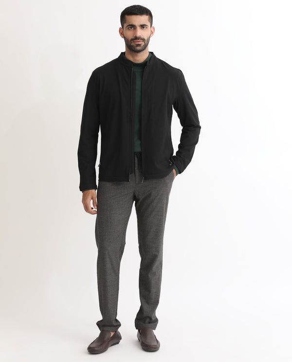 Rare Rabbit Mens Rion Black Jacket Polyester Viscose Fabric Mandarin Collar Knitted Full Sleeves Zipper Closure Regular Fit