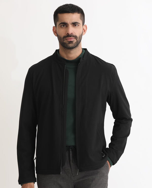 Rare Rabbit Mens Rion Black Jacket Polyester Viscose Fabric Mandarin Collar Knitted Full Sleeves Zipper Closure Regular Fit