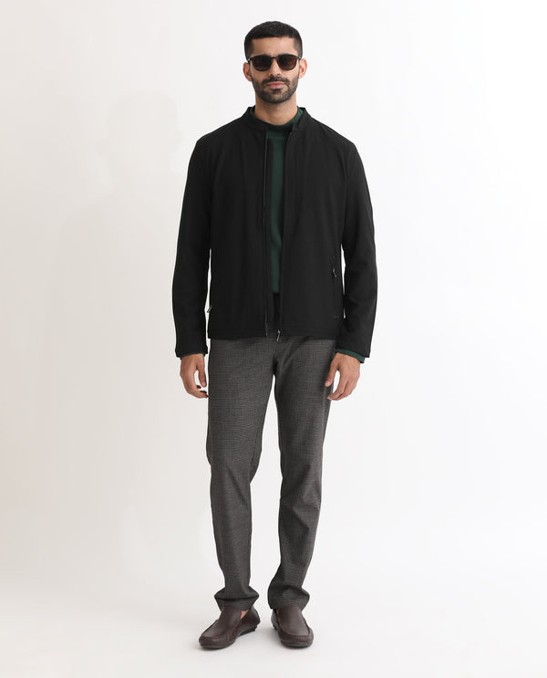 Rare Rabbit Mens Rion Black Jacket Polyester Viscose Fabric Mandarin Collar Knitted Full Sleeves Zipper Closure Regular Fit