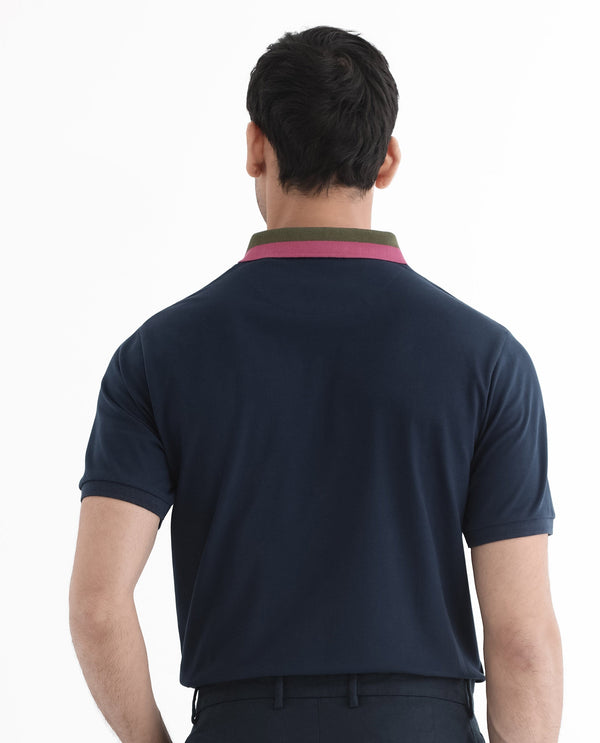 Rare Rabbit Men's Rique Navy Cotton Fabric Short Sleeve Zipper Closure Plain Knitted Polo T-Shirt