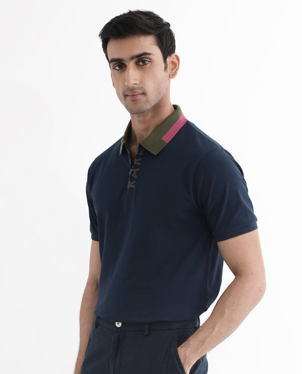 Rare Rabbit Men's Rique Navy Cotton Fabric Short Sleeve Zipper Closure Plain Knitted Polo T-Shirt