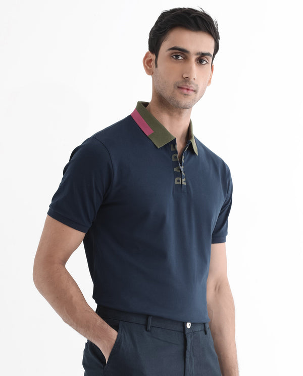 Rare Rabbit Men's Rique Navy Cotton Fabric Short Sleeve Zipper Closure Plain Knitted Polo T-Shirt