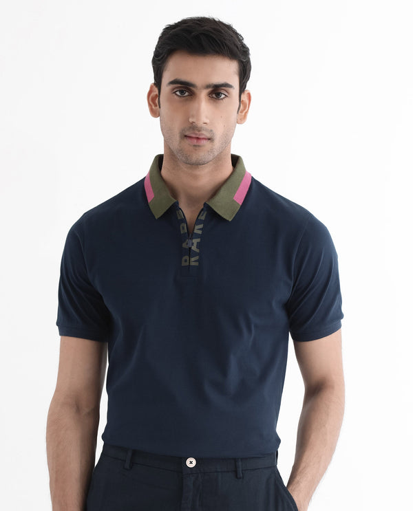 Rare Rabbit Men's Rique Navy Cotton Fabric Short Sleeve Zipper Closure Plain Knitted Polo T-Shirt