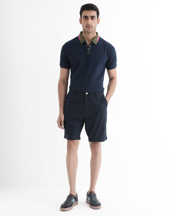 Rare Rabbit Men's Rique Navy Cotton Fabric Short Sleeve Zipper Closure Plain Knitted Polo T-Shirt