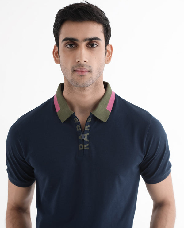 Rare Rabbit Men's Rique Navy Cotton Fabric Short Sleeve Zipper Closure Plain Knitted Polo T-Shirt