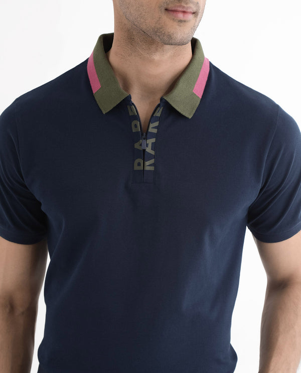Rare Rabbit Men's Rique Navy Cotton Fabric Short Sleeve Zipper Closure Plain Knitted Polo T-Shirt