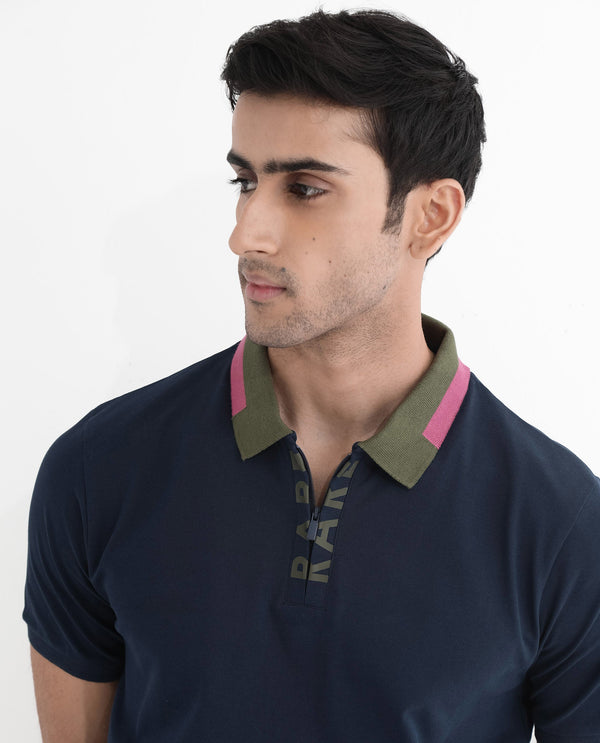 Rare Rabbit Men's Rique Navy Cotton Fabric Short Sleeve Zipper Closure Plain Knitted Polo T-Shirt
