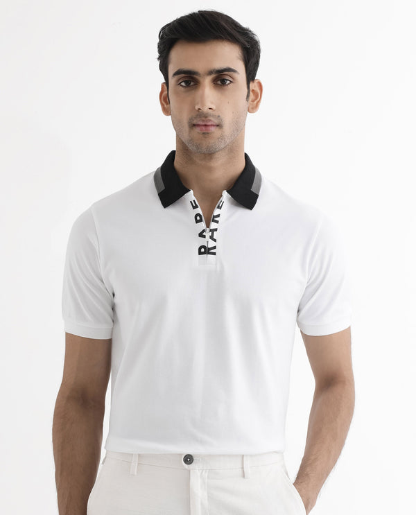 Rare Rabbit Men's Rique White Cotton Fabric Short Sleeve Zipper Closure Plain Knitted Polo T-Shirt