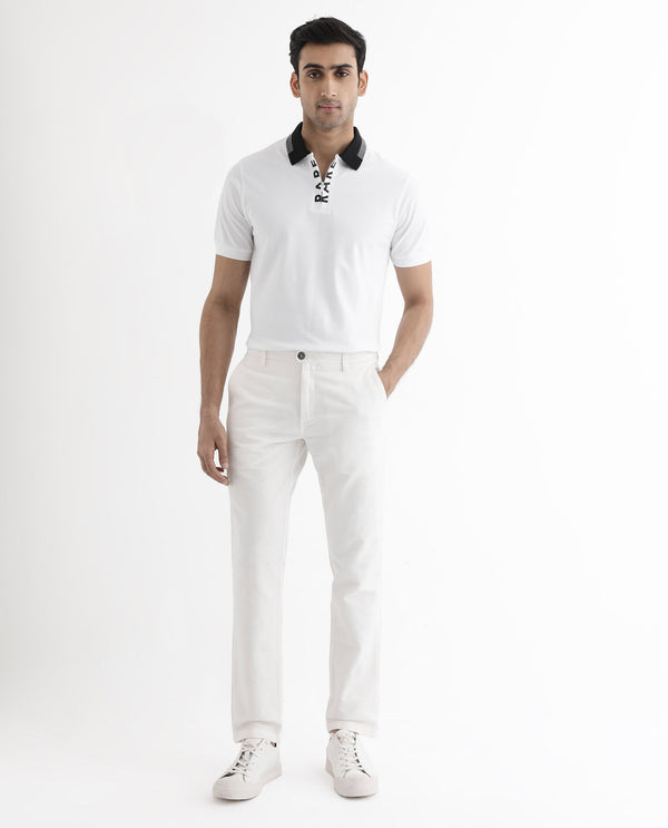 Rare Rabbit Men's Rique White Cotton Fabric Short Sleeve Zipper Closure Plain Knitted Polo T-Shirt