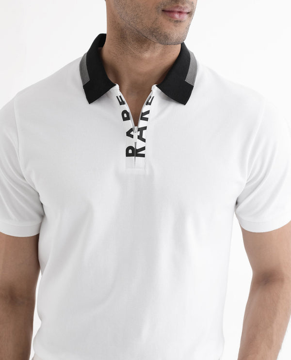 Rare Rabbit Men's Rique White Cotton Fabric Short Sleeve Zipper Closure Plain Knitted Polo T-Shirt