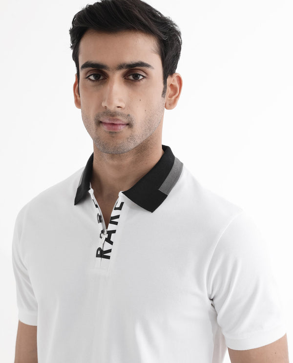 Rare Rabbit Men's Rique White Cotton Fabric Short Sleeve Zipper Closure Plain Knitted Polo T-Shirt