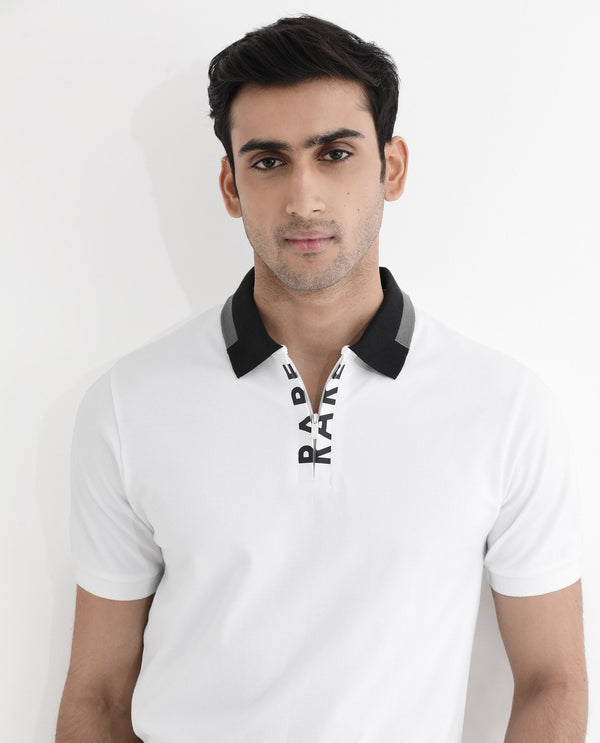 Rare Rabbit Men's Rique White Cotton Fabric Short Sleeve Zipper Closure Plain Knitted Polo T-Shirt