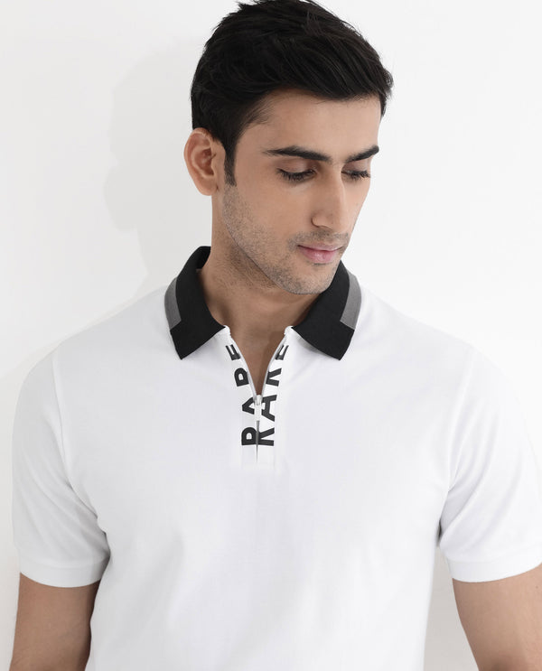 Rare Rabbit Men's Rique White Cotton Fabric Short Sleeve Zipper Closure Plain Knitted Polo T-Shirt