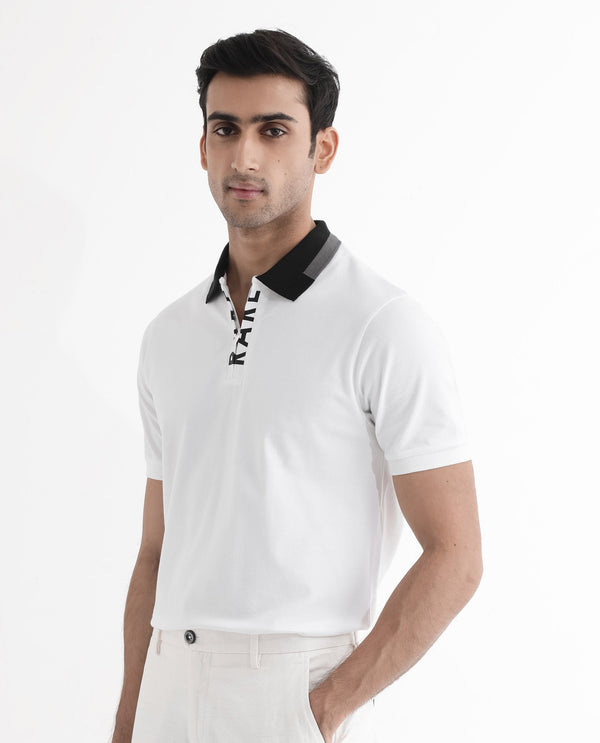 Rare Rabbit Men's Rique White Cotton Fabric Short Sleeve Zipper Closure Plain Knitted Polo T-Shirt