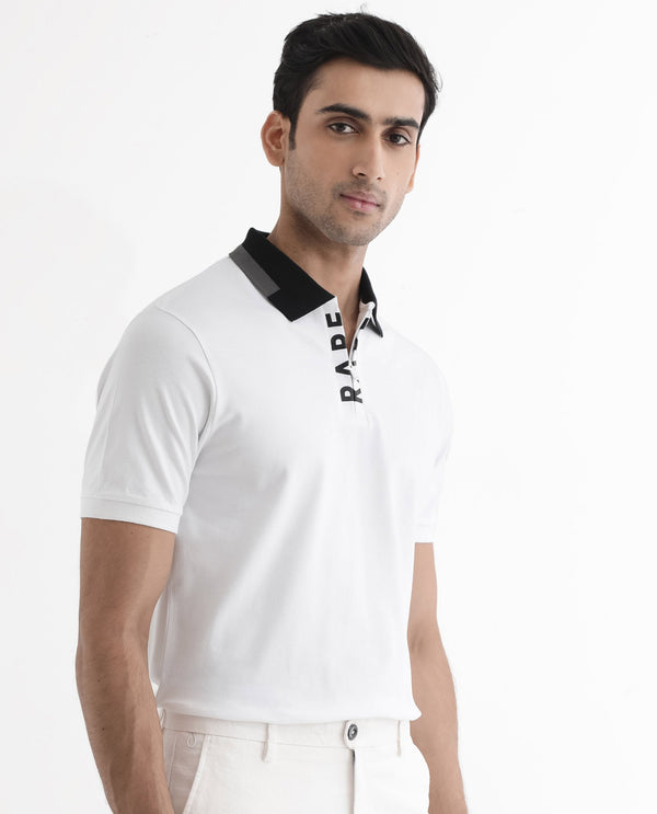 Rare Rabbit Men's Rique White Cotton Fabric Short Sleeve Zipper Closure Plain Knitted Polo T-Shirt