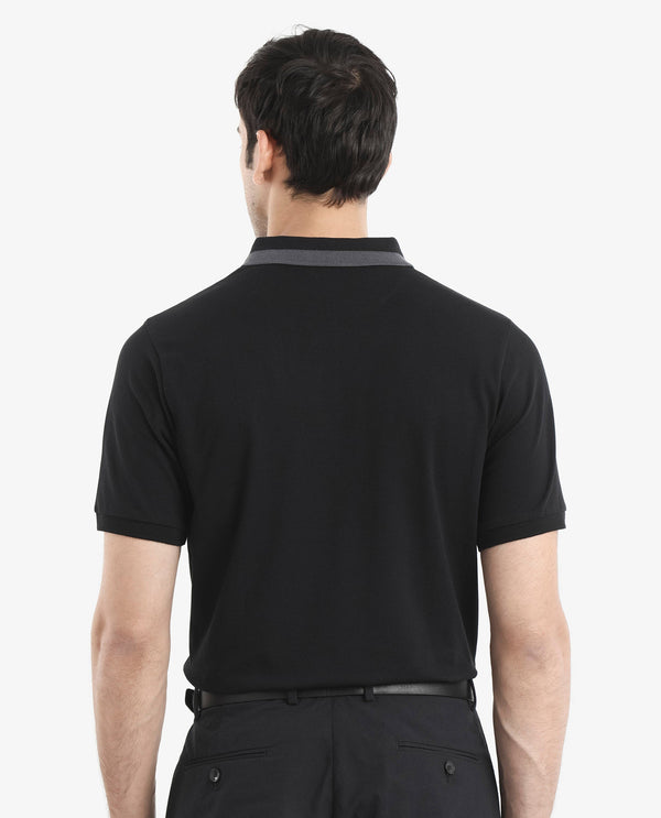 Rare Rabbit Men's Rique Black Cotton Fabric Short Sleeve Zipper Closure Plain Knitted Polo T-Shirt